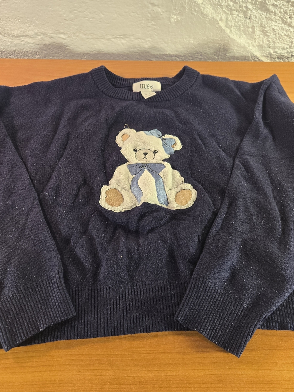 True Brand Navy Blue Teddy Bear Embroidered Pullover Sweater Coquette Aesthetic